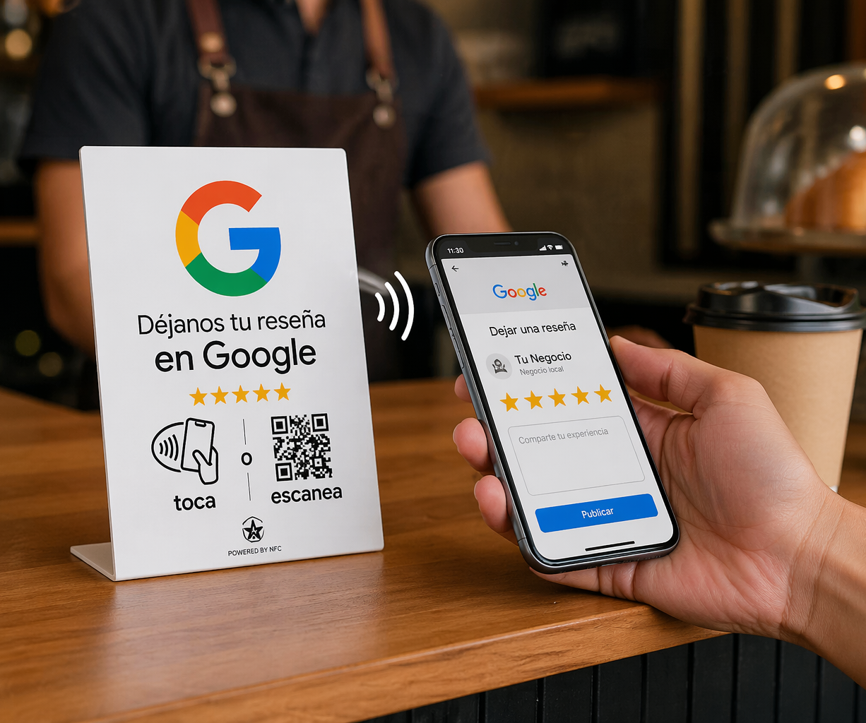 Letrero de solicitud de reseñas con tecnología NFC