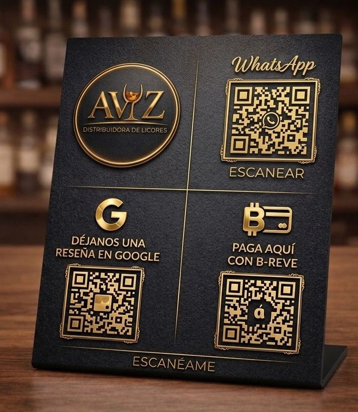 Letrero personalizado con QR de reseñas, contacto y pago con tecnología NFC